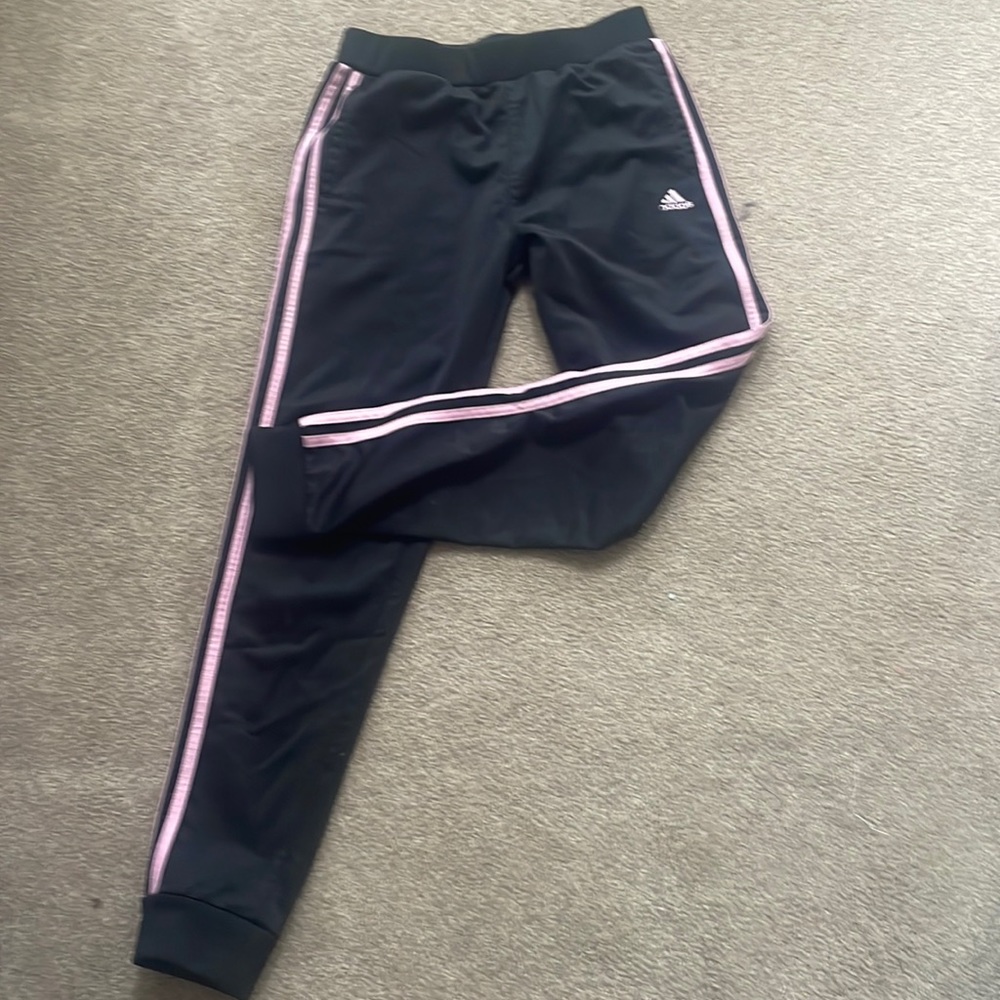 Barely worn adidas joggers size L (14) Black w light pink stripe